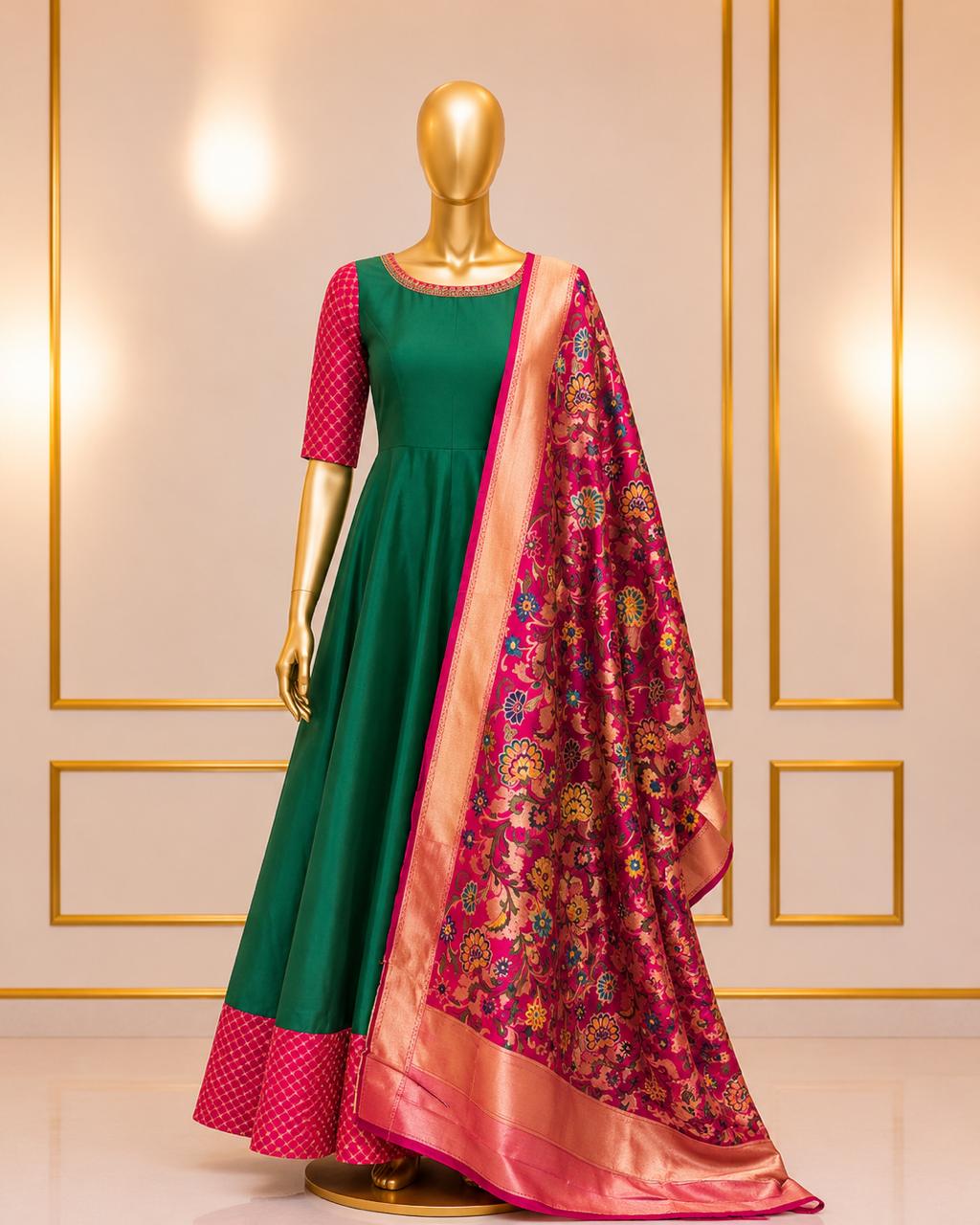 Green dress with pink dupatta on a mannequin against a decorative wall.