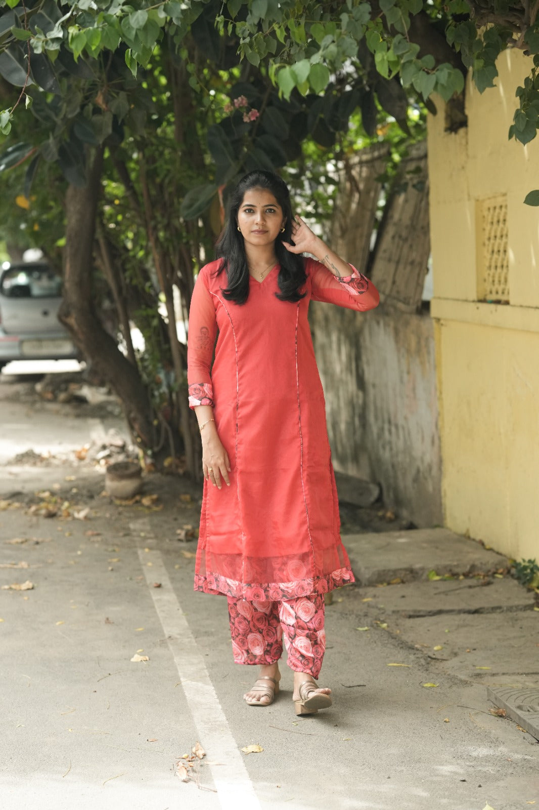 Coral Rose Organza Kurta Set