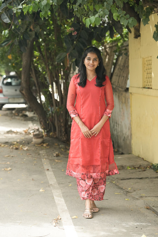 Coral Rose Organza Kurta Set