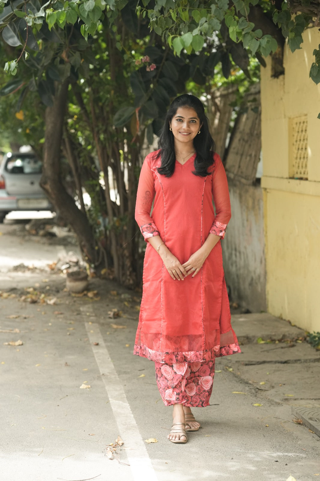 Coral Rose Organza Kurta Set