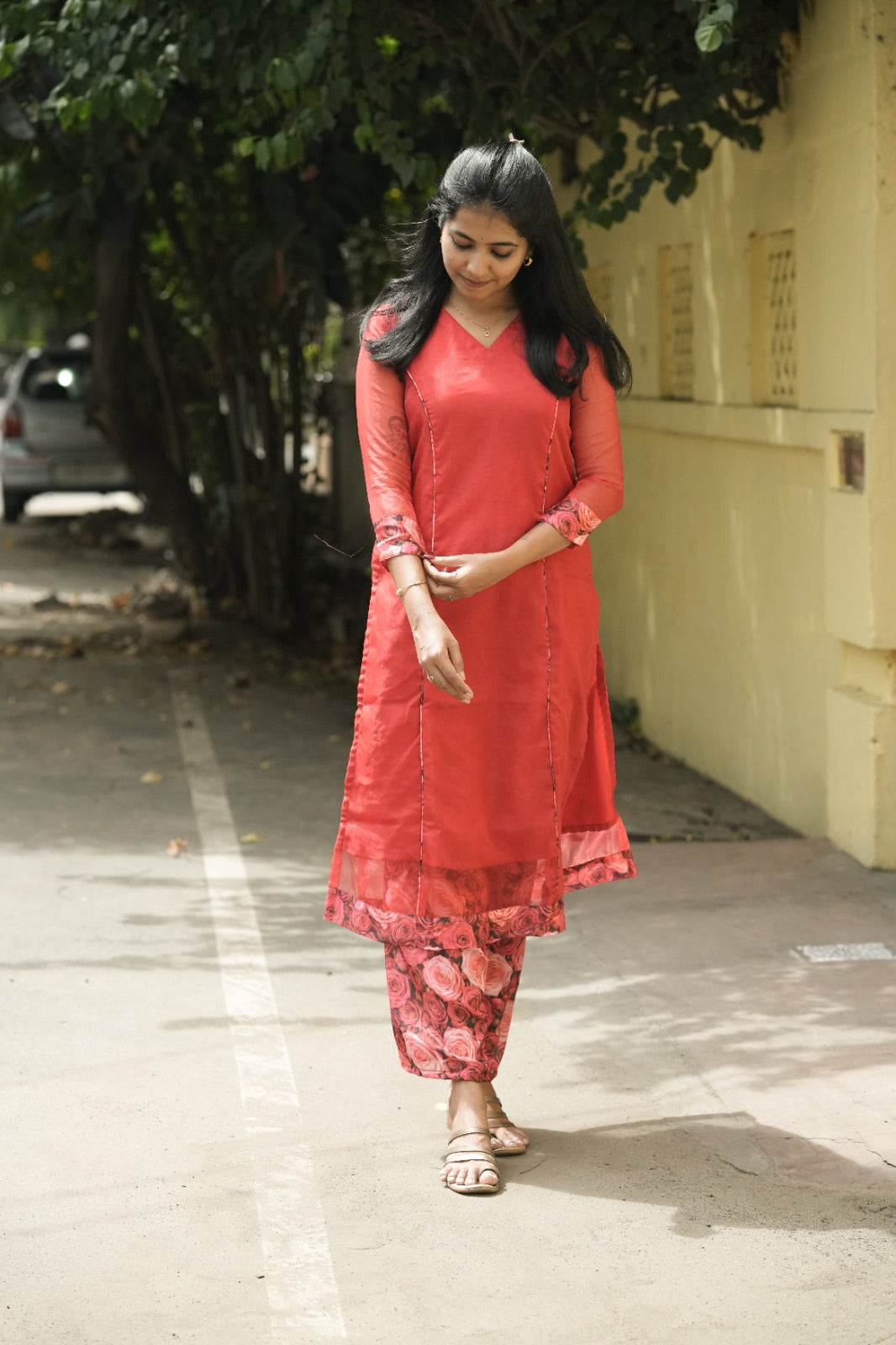 Coral Rose Organza Kurta Set