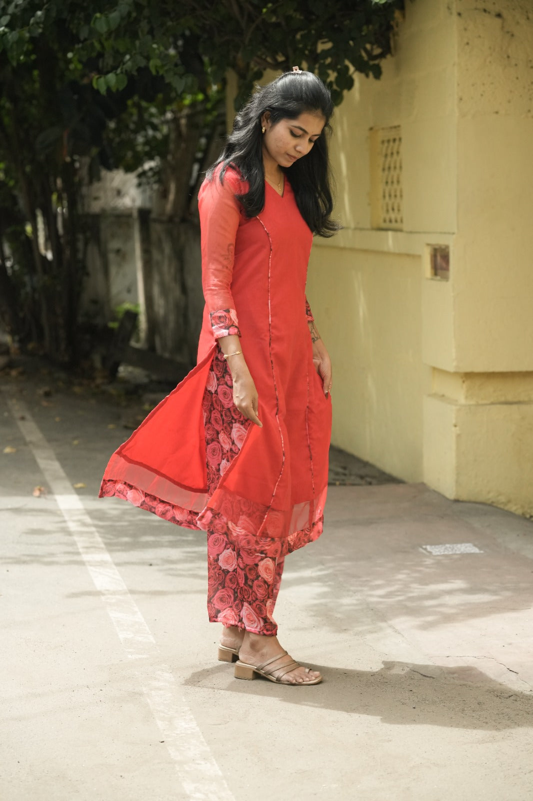 Coral Rose Organza Kurta Set