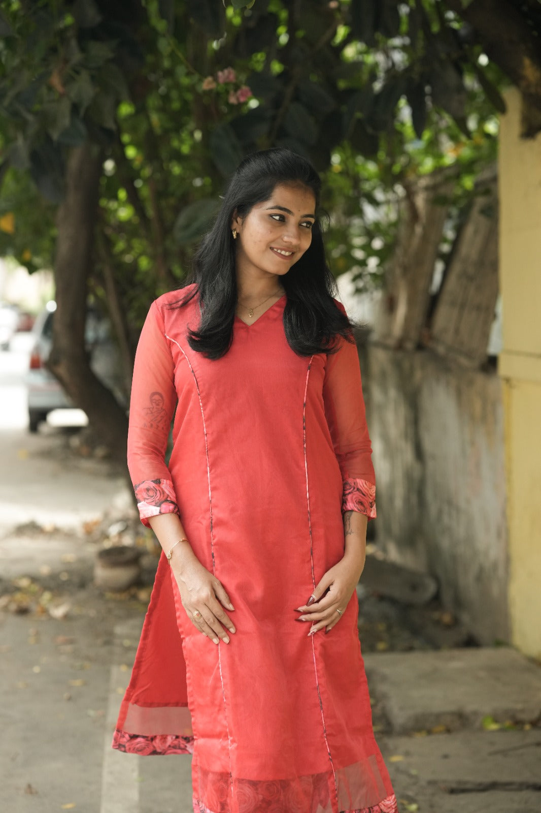 Coral Rose Organza Kurta Set