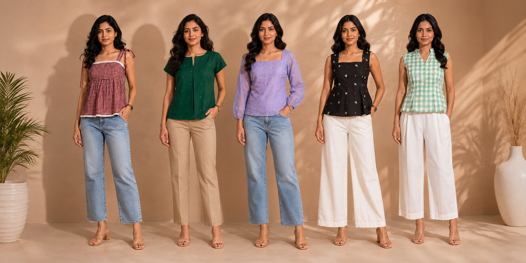 Five women wearing different outfits with a neutral background