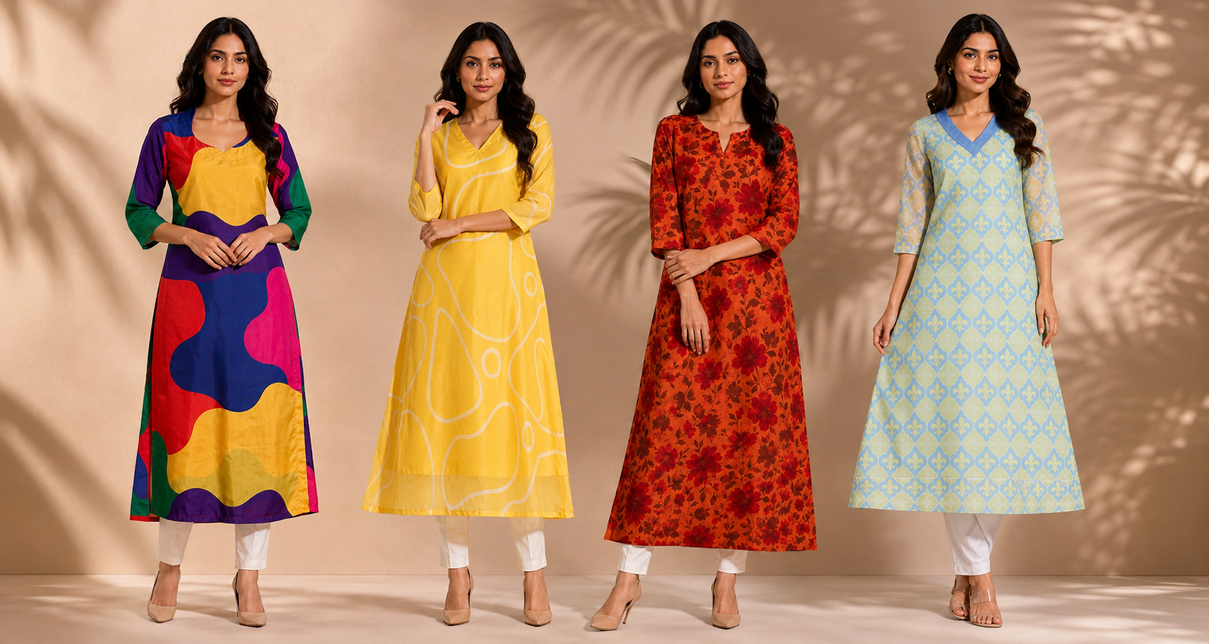 Four women wearing colorful kurtis against a neutral background