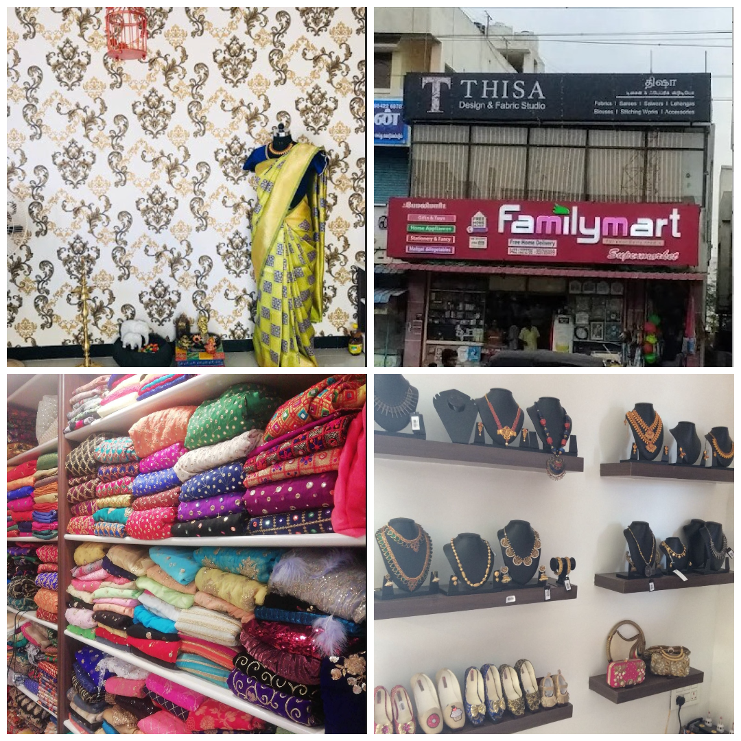 Collage of a saree, a store front with 'Thisa' and 'FamilyMart', shelves with colorful fabrics, and jewelry display.