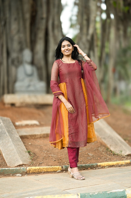 Saumya Maroon Mustard Anarkali - THISA