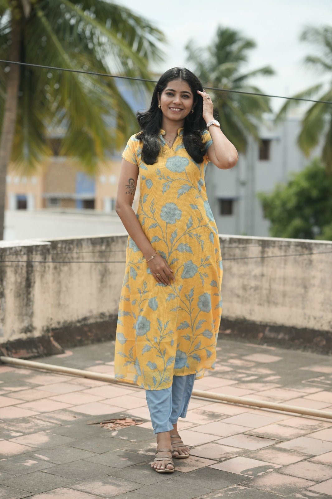 Sunlit Bloom Kota Kurta Set - THISA