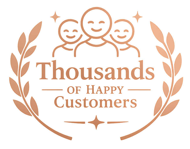 Logo with 'Thousands of Happy Customers' text and smiling faces on a white background