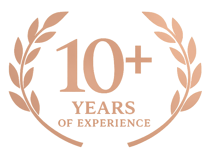 Logo celebrating 10+ years of experience with a wreath design on a white background.