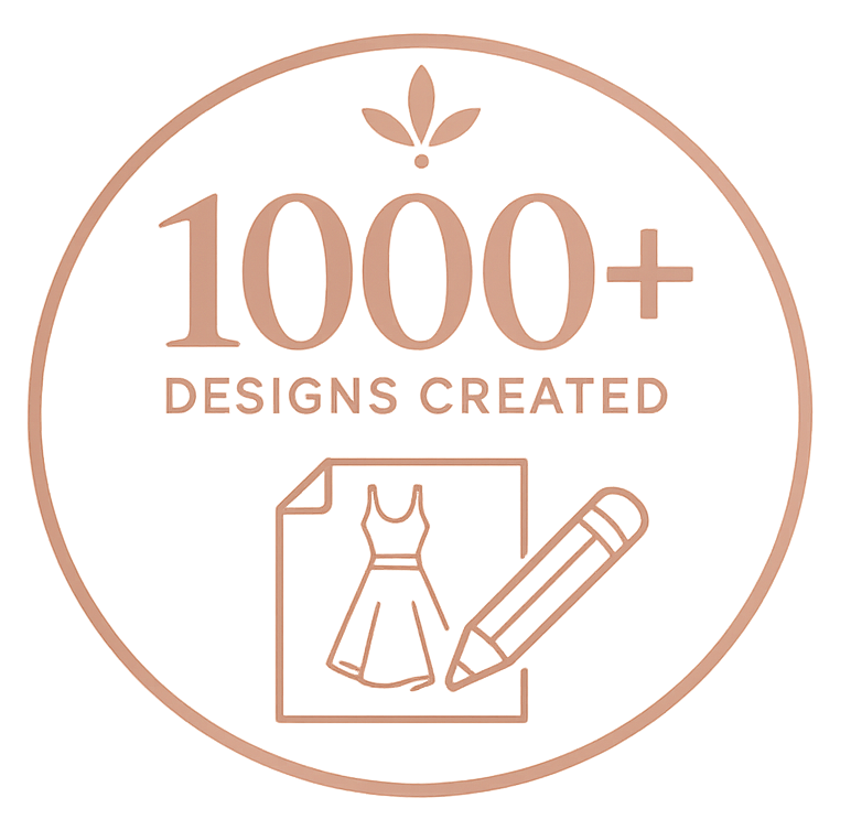Logo with '1000+ Designs Created' text and a dress illustration on a white background